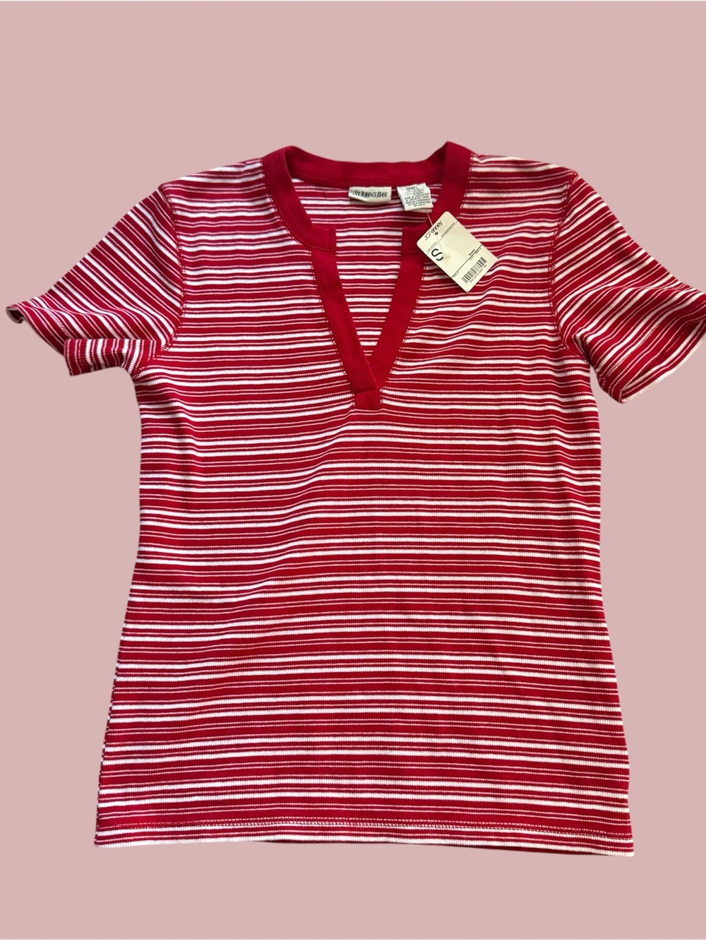 St. John's Bay Red & White Striped V-Neck Short Sleeve Top
